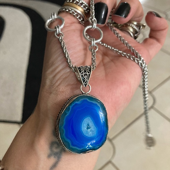 925 sterling silver overlay blue agate slice gemstone charm boho necklace . - Picture 10 of 13